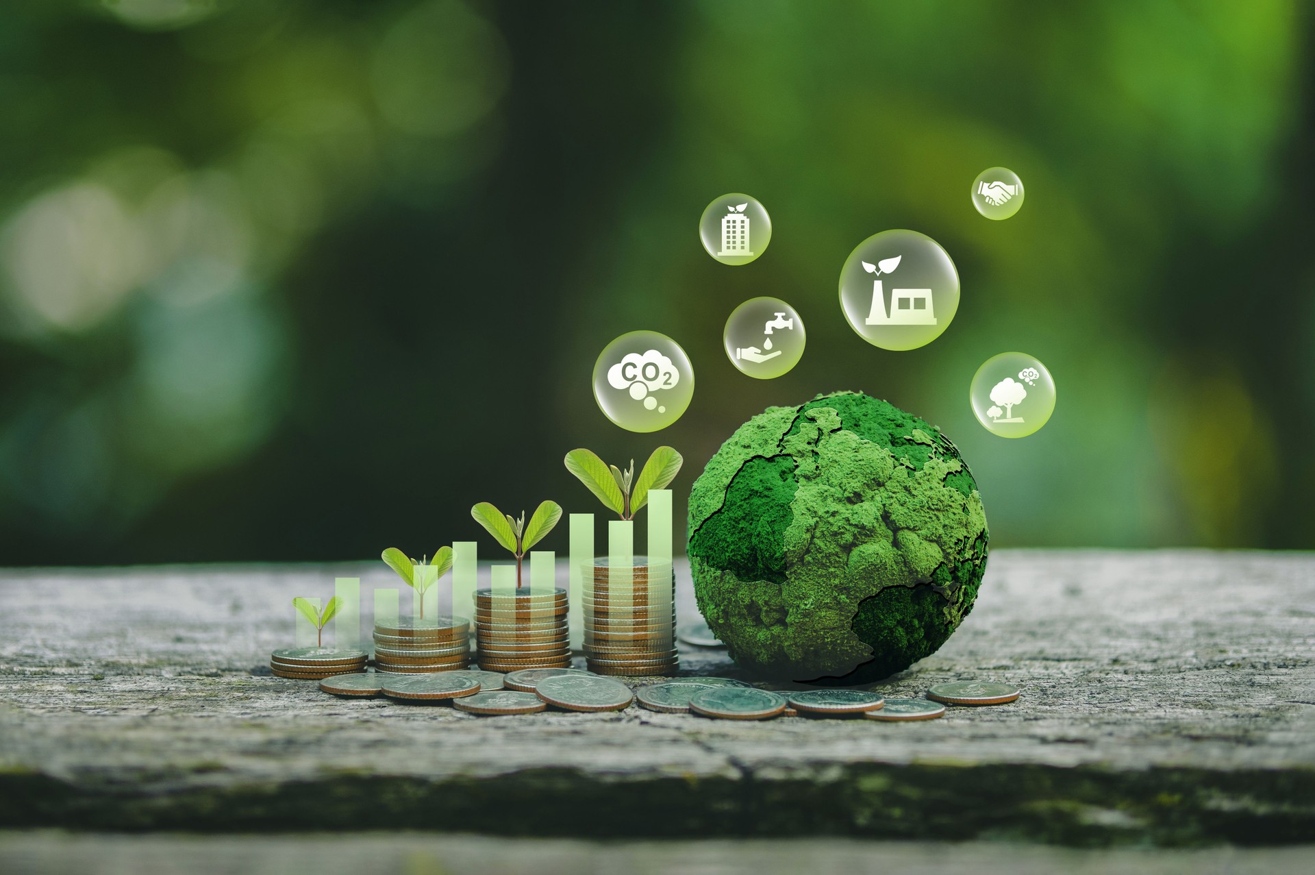 Green business growth. Sustainable investment finance, ESG funds or sustainability funds. A tree grows on a pile of coins with a graph and a green globe with icons.