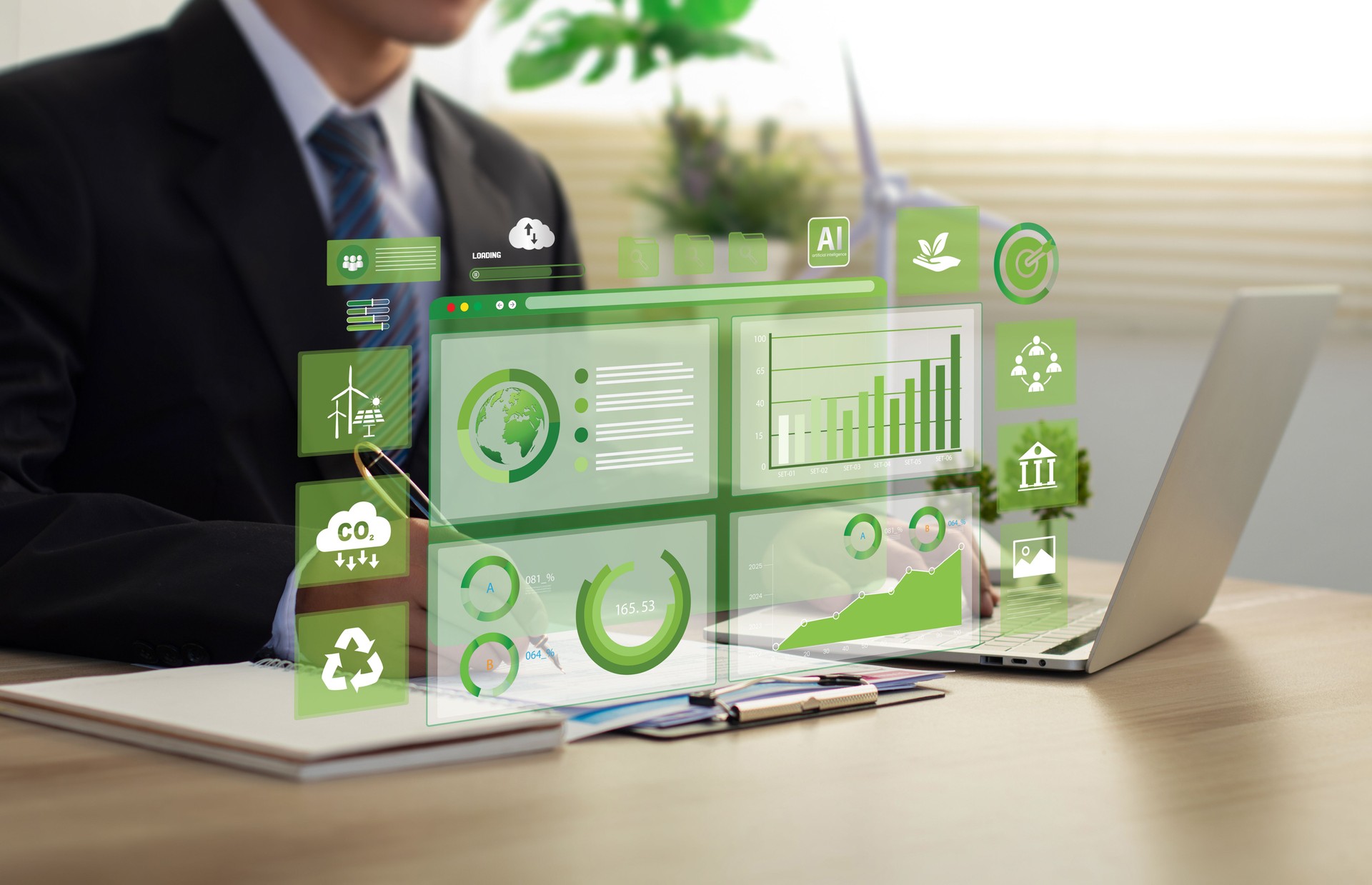 Businessman analyze sustainability investment with icons and Green chart. Concept of ESG, Green businesses, Net zero, Green energy, Carbon neutral, Green technology, and Carbon credit. CSR.